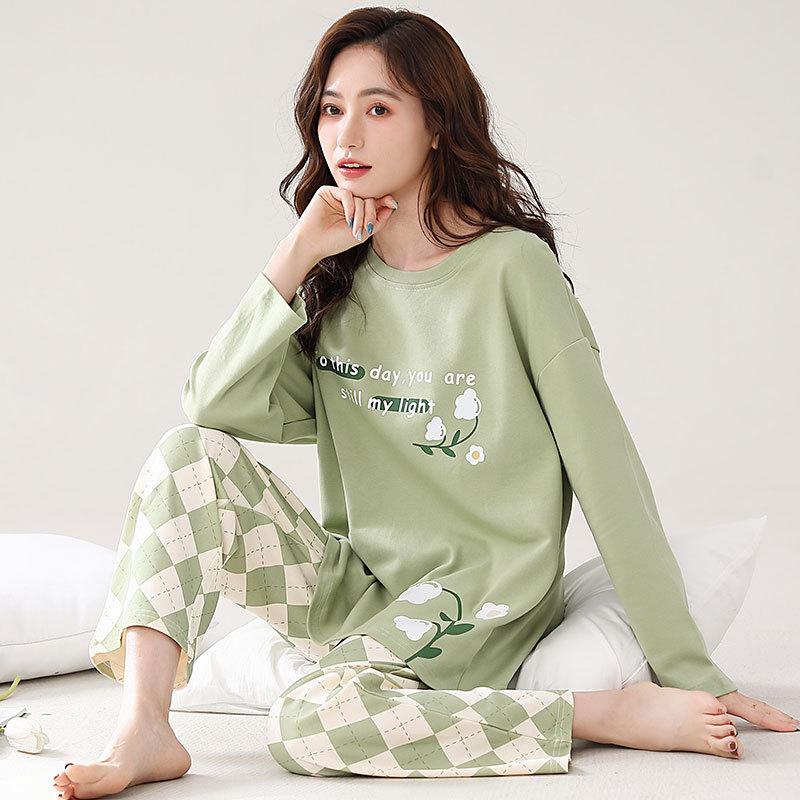 Pajamas Women'S Pure Cotton Long-Sleeved Cotton Cute Loungewear Set Can Be Worn Outside