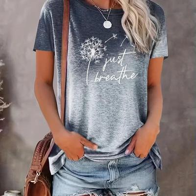 T-shirt estiva oversize a maniche corte traspirante con stampa di tarassaco, girocollo casual estivo da donna