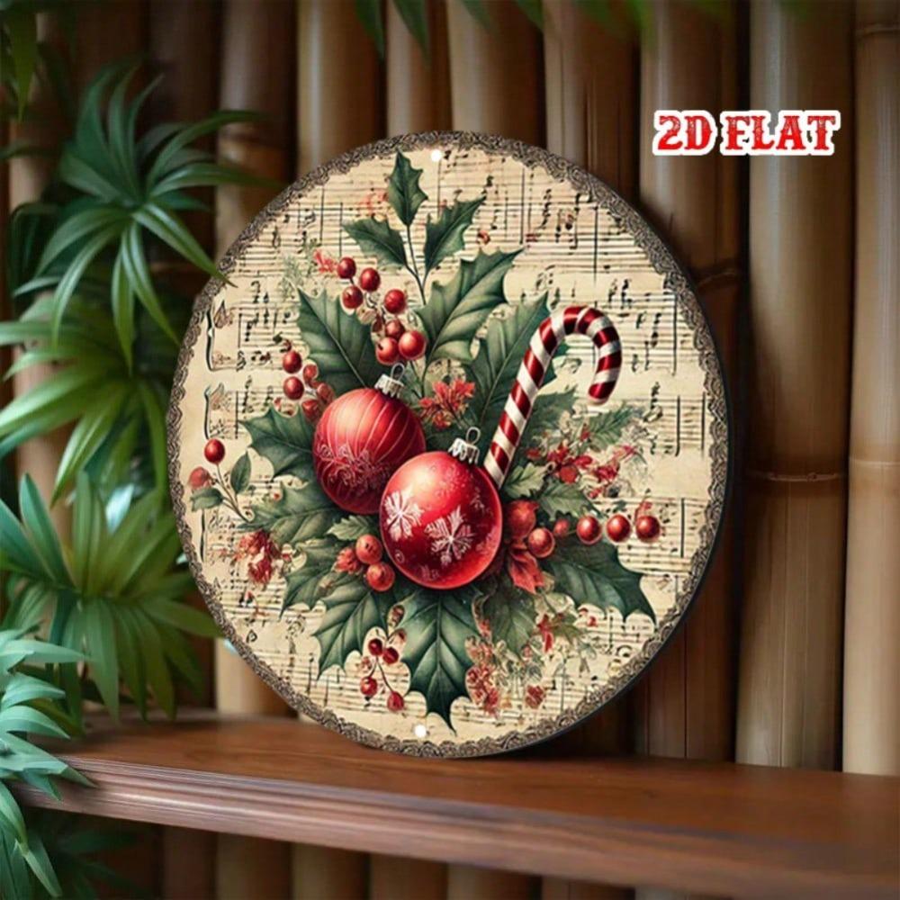 Vintage Christmas Metal Tin Sign Round Wall Art Rustic Holiday Decor
