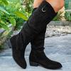 Nowe Czarne Kozaki Damskie Czarne Nude Zamsz Ekologiczny Flock Kozaki za Kolano Damskie Niskie Obcasy Jesień Zima Sukienka Botas Mujer