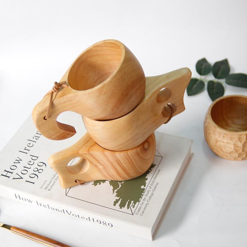 Non-Toxic Hand Carved Solid Lotus Wood Cup Kuksa Finnish Tableware With Handgrip Travel Wine Beer Cups For Bar Kitchen Gadgets