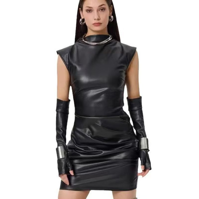 

Fashion Style Sexy Oversleeve Sheath PU Leather Skirt Ruched Dress Wrinkled PU Leather Dress Black M