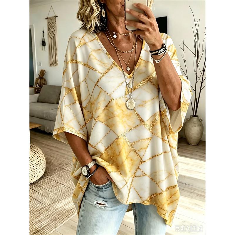 T-shirt da Donna Taglie Forti Scollo a V Maniche a Pipistrello Stampa Etnica Boemia Top Largo Estivo Comodo Traspirante Quotidiano Casual Stile Modellante