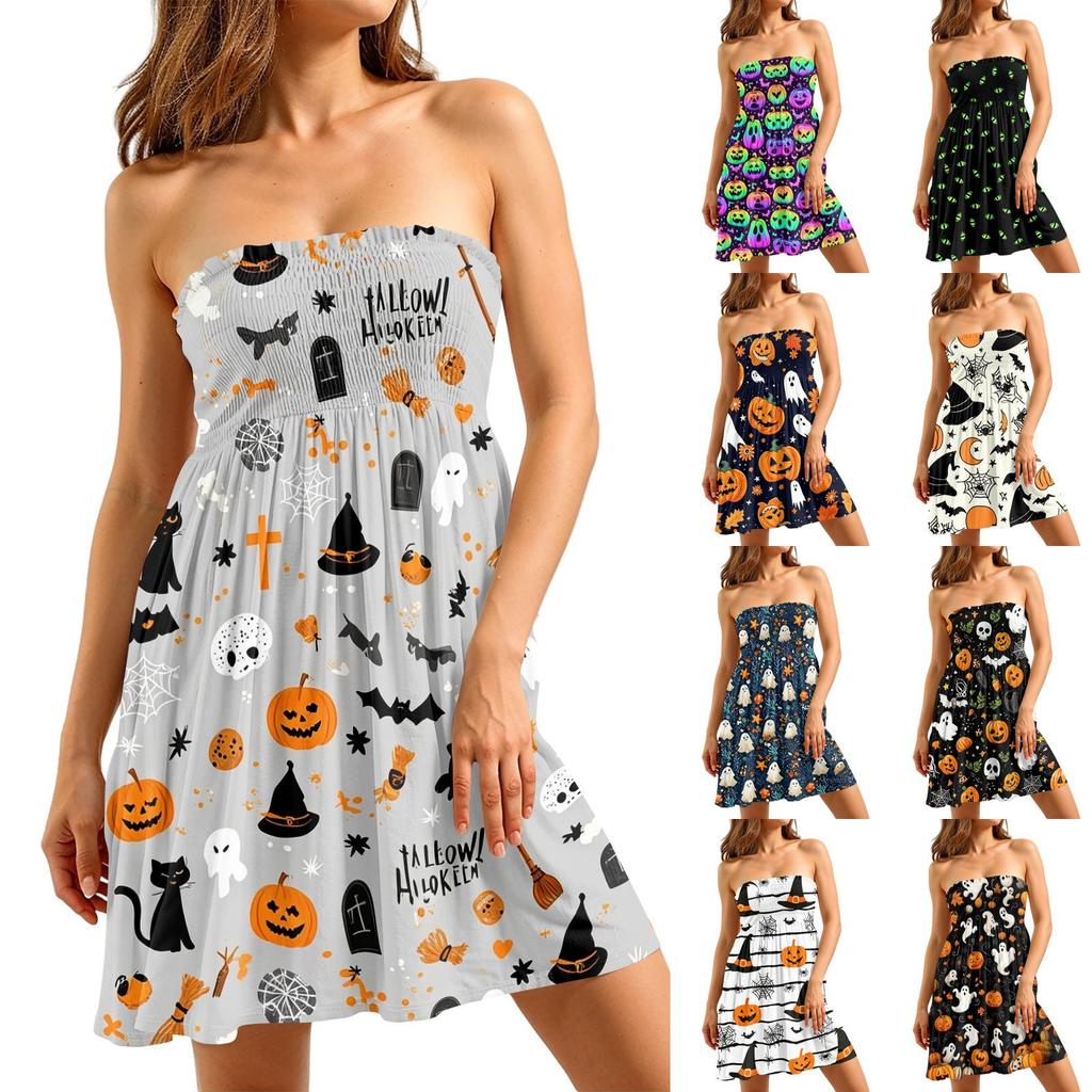 Women Sleeveless Tube Dress Casual Summer Dress Halloween Print Strapless Mini Dress Party Dress