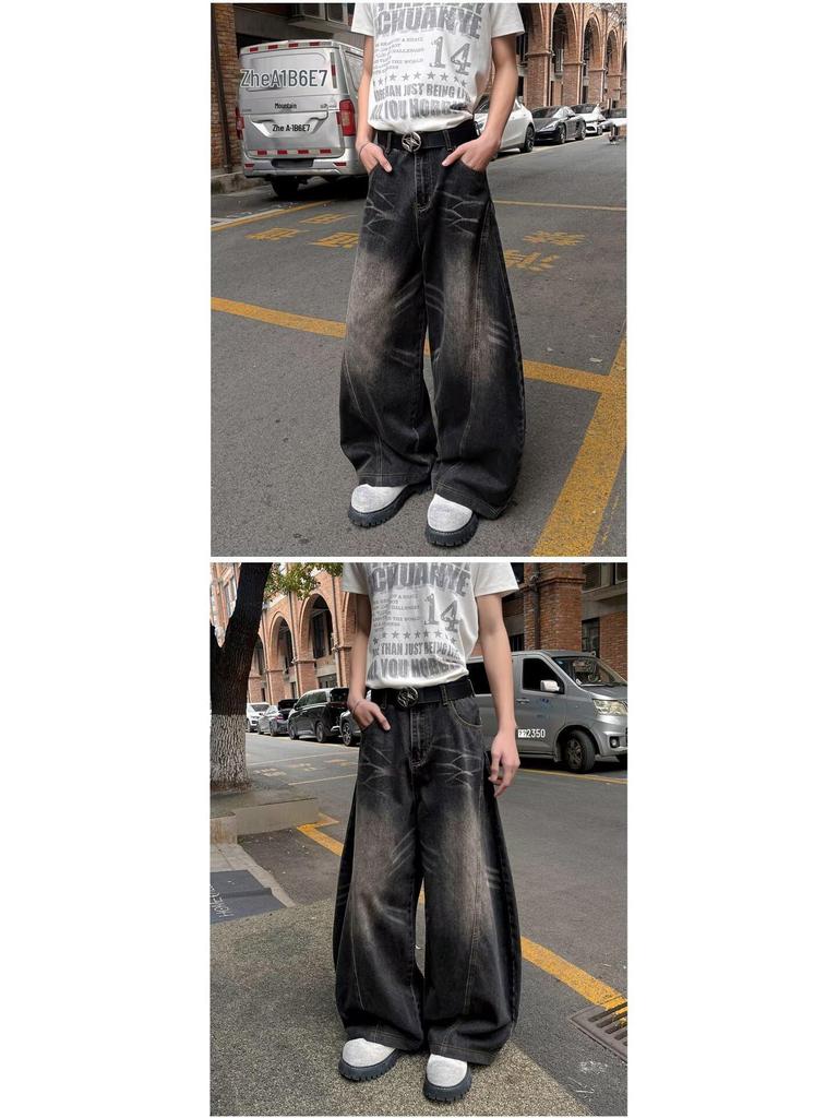 Men's American Retro Washed Black Wide-Leg Scimitar Jeans