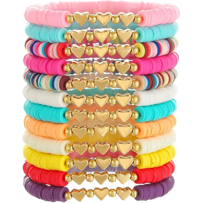 12pcs Friendship Bracelets Beaded Bracelets Heishi Bracelet Cute Bracelets Stack Vinyl Clay Disc Bead Surfer Stretch Summer Beach Bracelets For Women
