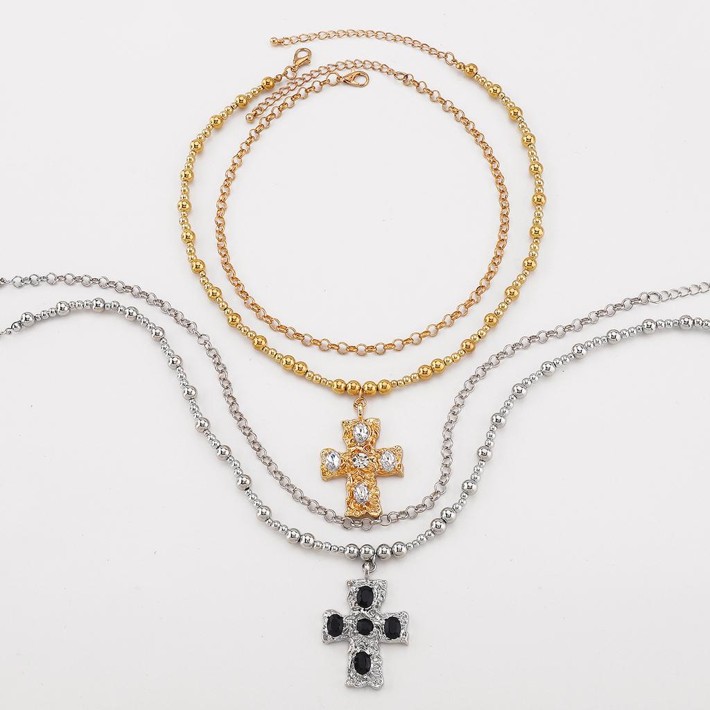 Tooxika Exaggerated Metal With Diamonds Cross Pendant Necklace Set Retro Literary Light Luxury Collarbone Chain