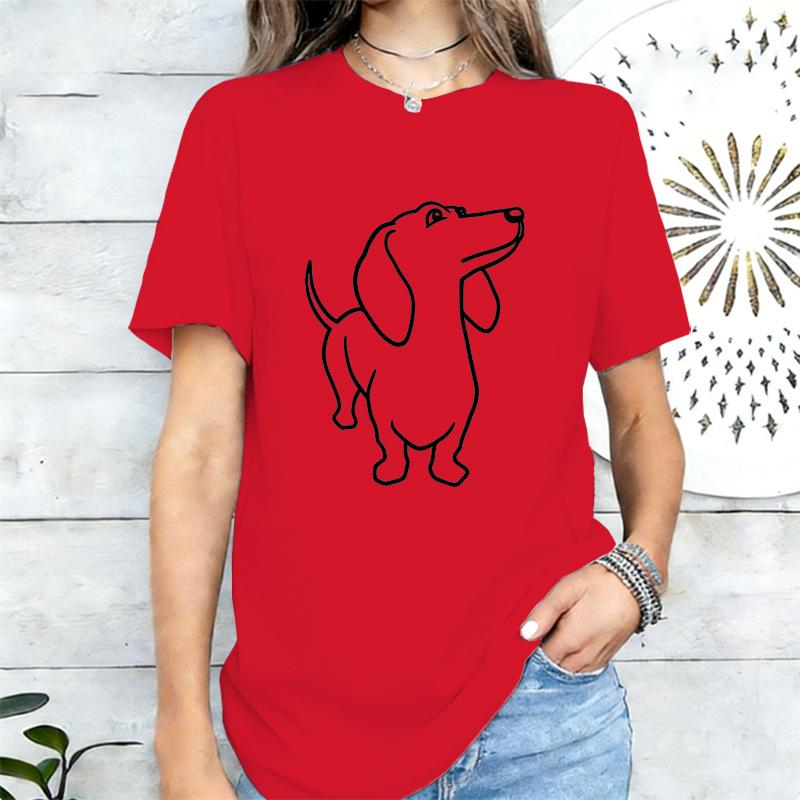 Simplified Line Sausage Dog Print Tshirt Loose Versatile Round Neck Short Sleeve Top Tshirt