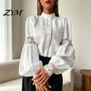 Leichtes weiches Oberteil Damen Stickerei Spitze Hemd, Herbst Laternenärmel Stehkragen Bluse, Lässig Formell Reguläre Passform Einfarbig Knopfleiste Polyester
