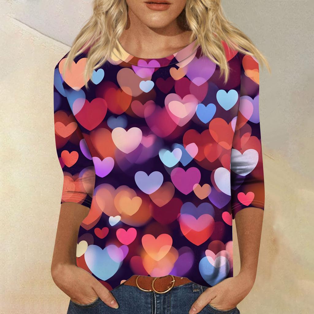 Damen Modisches Lässiges Dreiviertelarm Valentinstag-Druck Rundhals Pullover-Oberteil