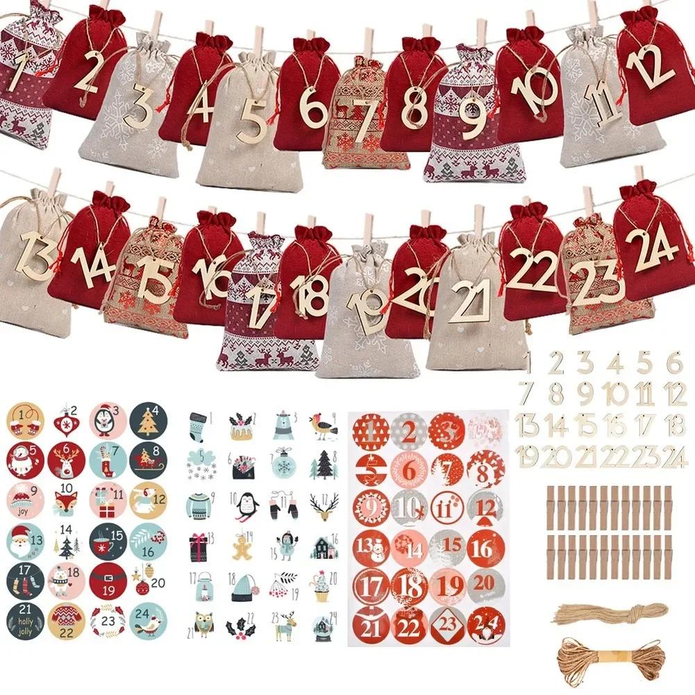 Drawstring Bag Advent Calendar Set of 24 Pieces with Wooden Tags Clips Stickers and 10 Meter Jute Rope for Festive Display