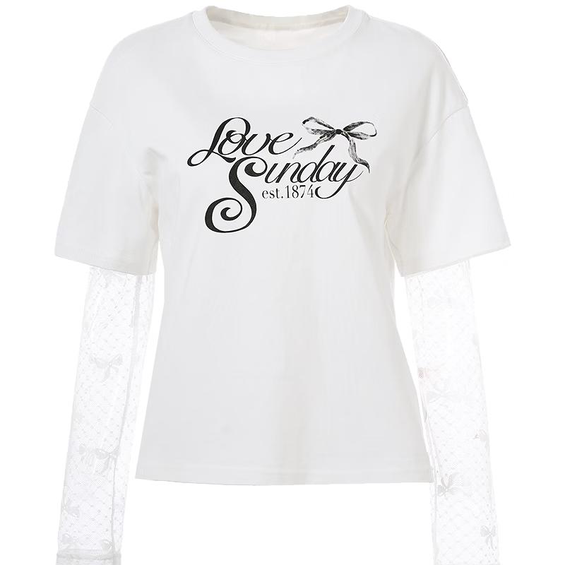 Betu Women s Bow-knot Letter Print Loose Faux Two-piece T-shirt M