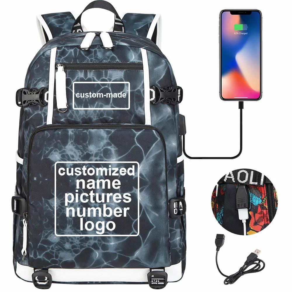 Customized Print DIY Your Like Photo or Logo Boy Girls Kids Book Bag Women USB Laptop Backpack Canvas Men Bagpack Big Travel Bag