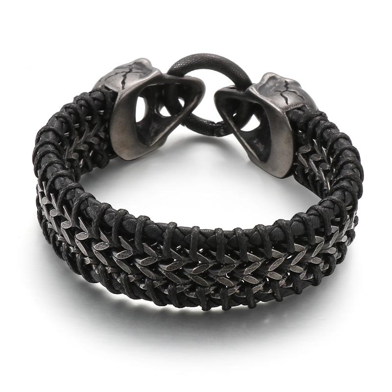 KALEN Punk Skull Fashion Jewelry Bracelets Stainless Steel Cowhide Leather Bracelet Bangle