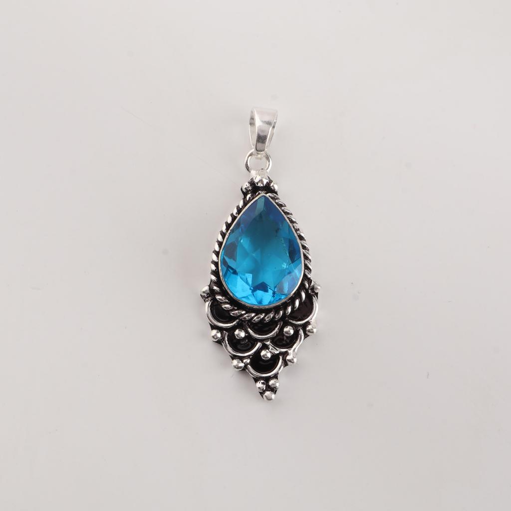 Swiss Blue Topaz Gemstone 925 Sterling Silver Jewelry Statement Designer Pendant 1.5" For Her PP-70-13