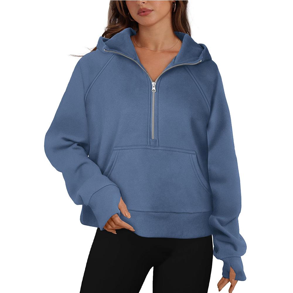 Women's Semi-zipper Pullover Hooded Sweatshirt Loose and Fashionable Fleece Sweatshirt