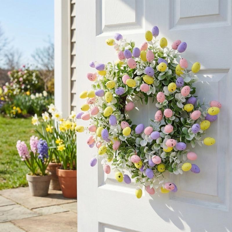 Easter Wreath Artificial Flower Wreath with Easter Eggs Holiday Decoration for Front Door Window Festival Celebration