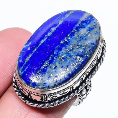 Natürlicher Lapislazuli Edelstein Handgefertigt 925 Sterlingsilber Ring Größe 7.5 M2V41