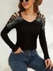 2025 New Stylish Floral Patchwork  Studded V-neck Long Sleeve T-shirt Women's Top