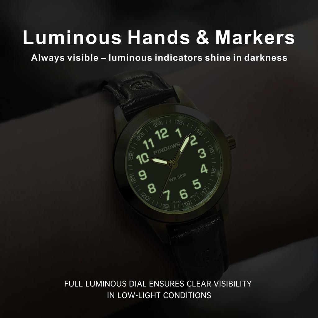 PINDOWS Women's Watch, Elegant Analog Quartz Design with Leather Strap, Waterproof Fashion Dress Watch with Luminous Dial for Easy Reading