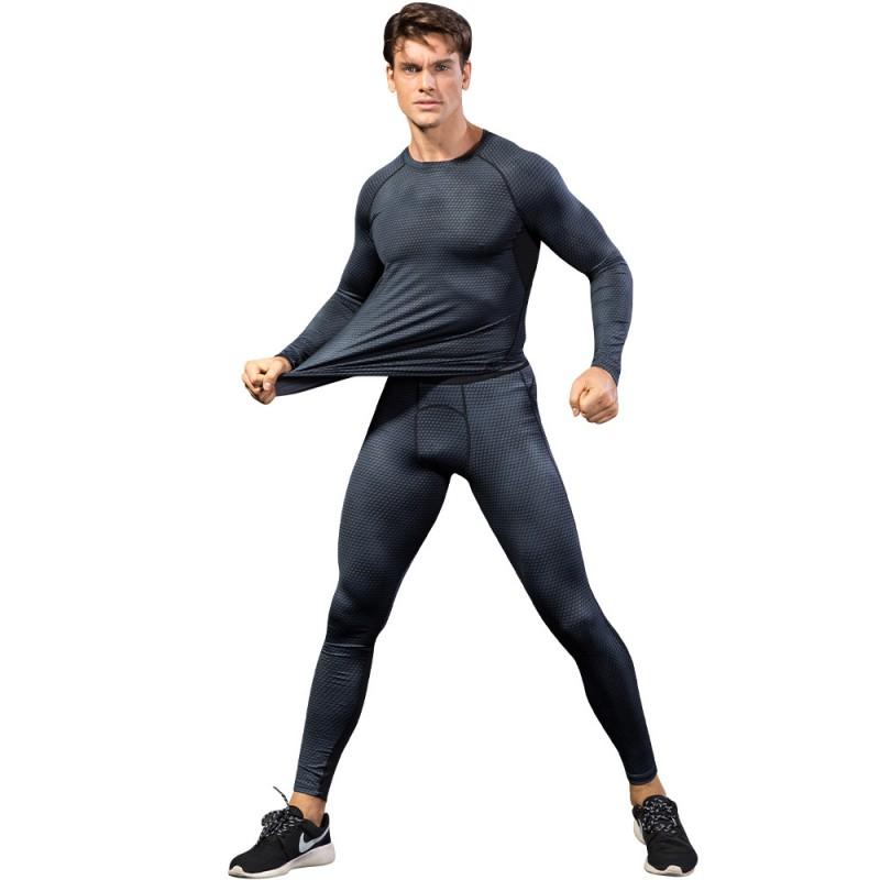 Mens Quick-Dry Compression Gym Set Long Sleeve Top Full-Length Pants Fitness Running Training