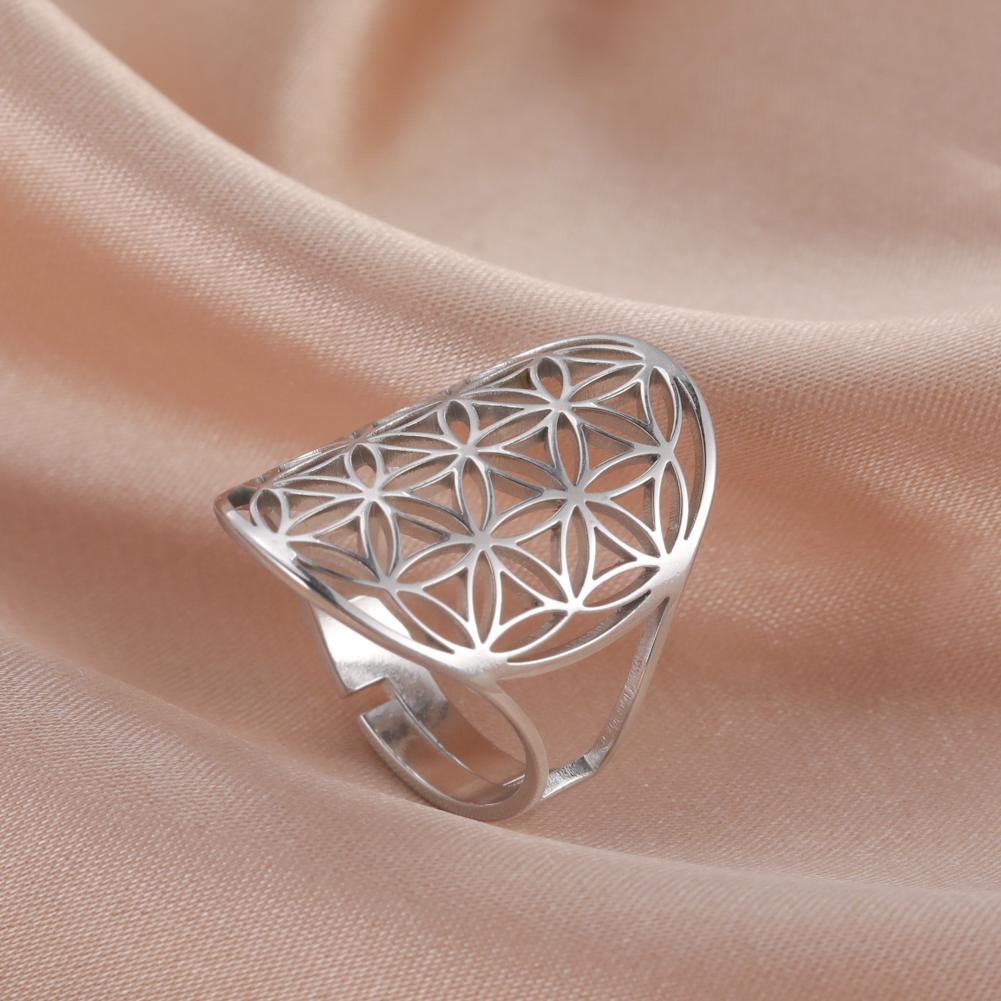 Stainless Steel Flower Of Life Ring Hollow Archangel Amulet Adjustable Ring For Women Sacred Geometry Wicca Jewelery Gift