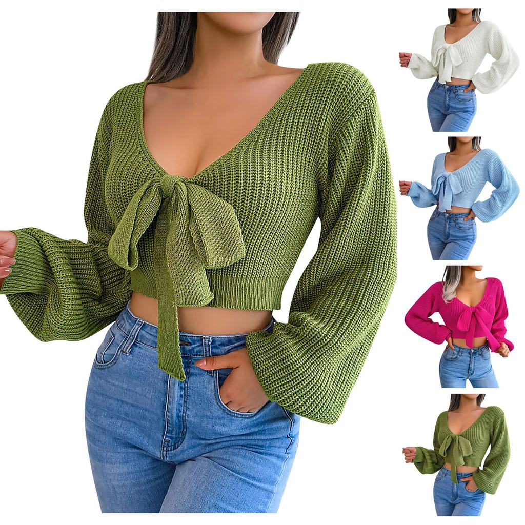 Women's Fashion Bow V-neck Color Crop Sweater