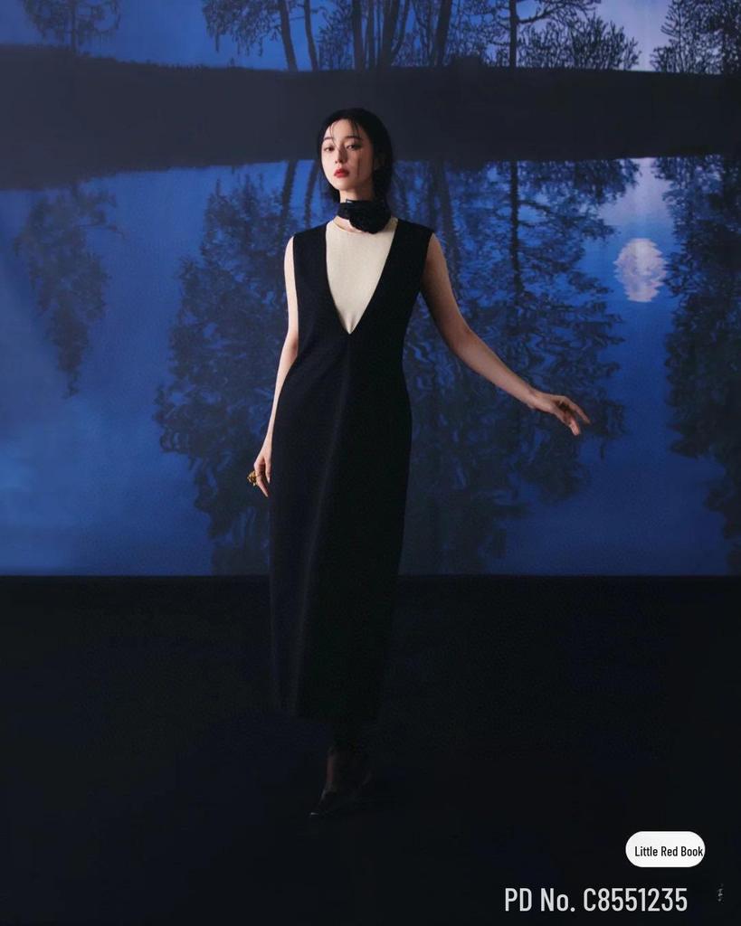 Nordic-Inspired Minimalist Acetate V-Neck Sleeveless Dress