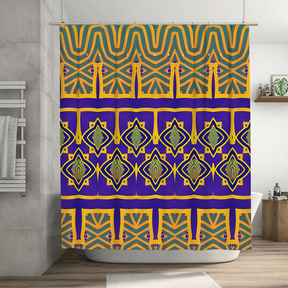 Luxury Bathroom Shower Curtain Set Blue Gold Geometric Pattern with Diamond Design Polyester Fabric for Bathtub Decorations Perf