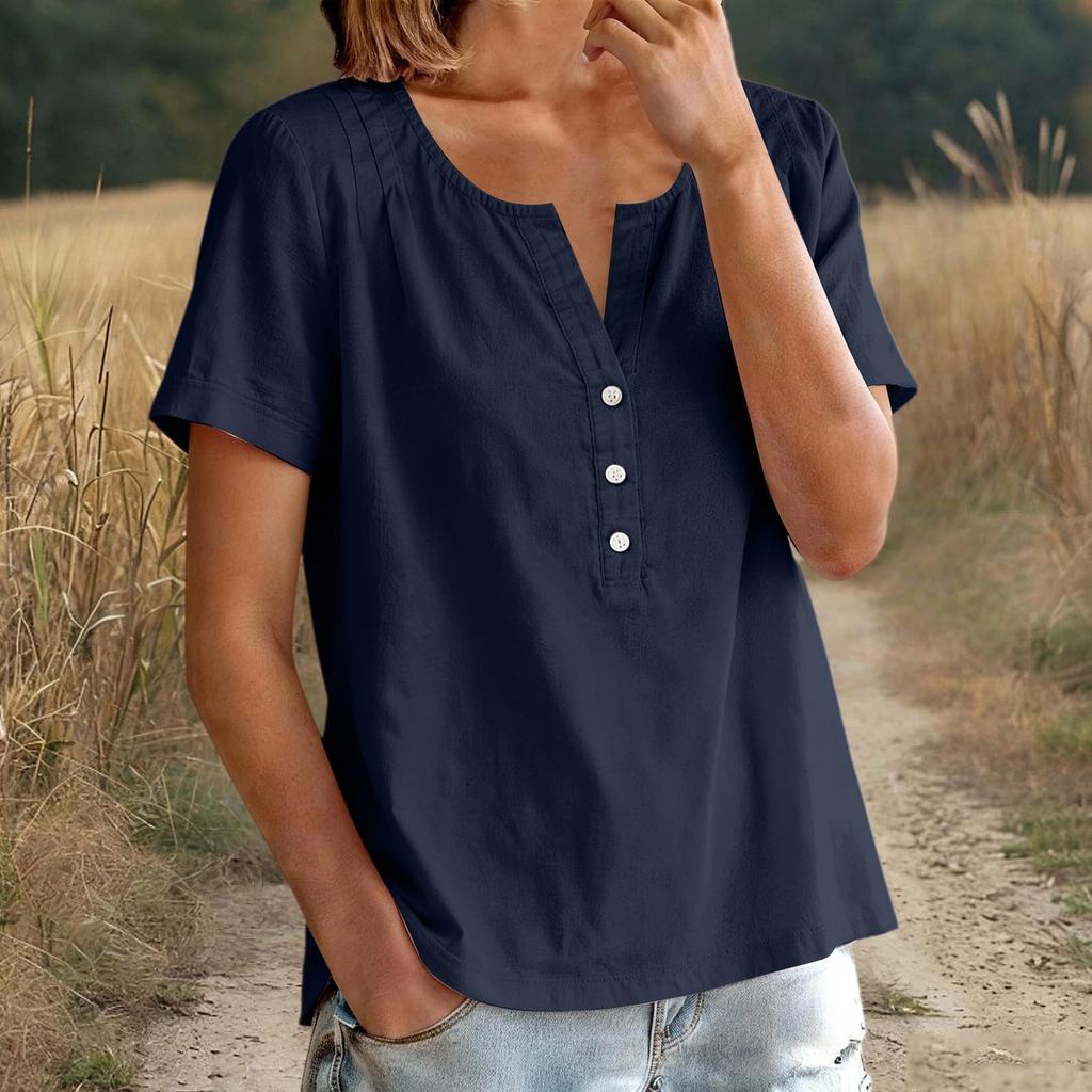 Women Loose Fit Casual Short Sleeve Button Down Shirt Cotton Linen Top with Relaxed Neckline for Everyday Wear