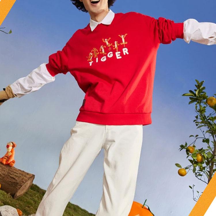 Li-Ning X Disney Winnie The Pooh Cartoon Letter Print Sports Pullover Sweatshirt Unisex Tops Bull-Red AWDS547-3