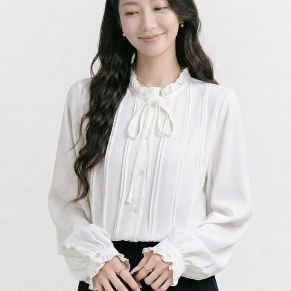 Navava Women Romantic Lovely Shirring Frill Ribbon Long Sleeve Blouse Nb3081