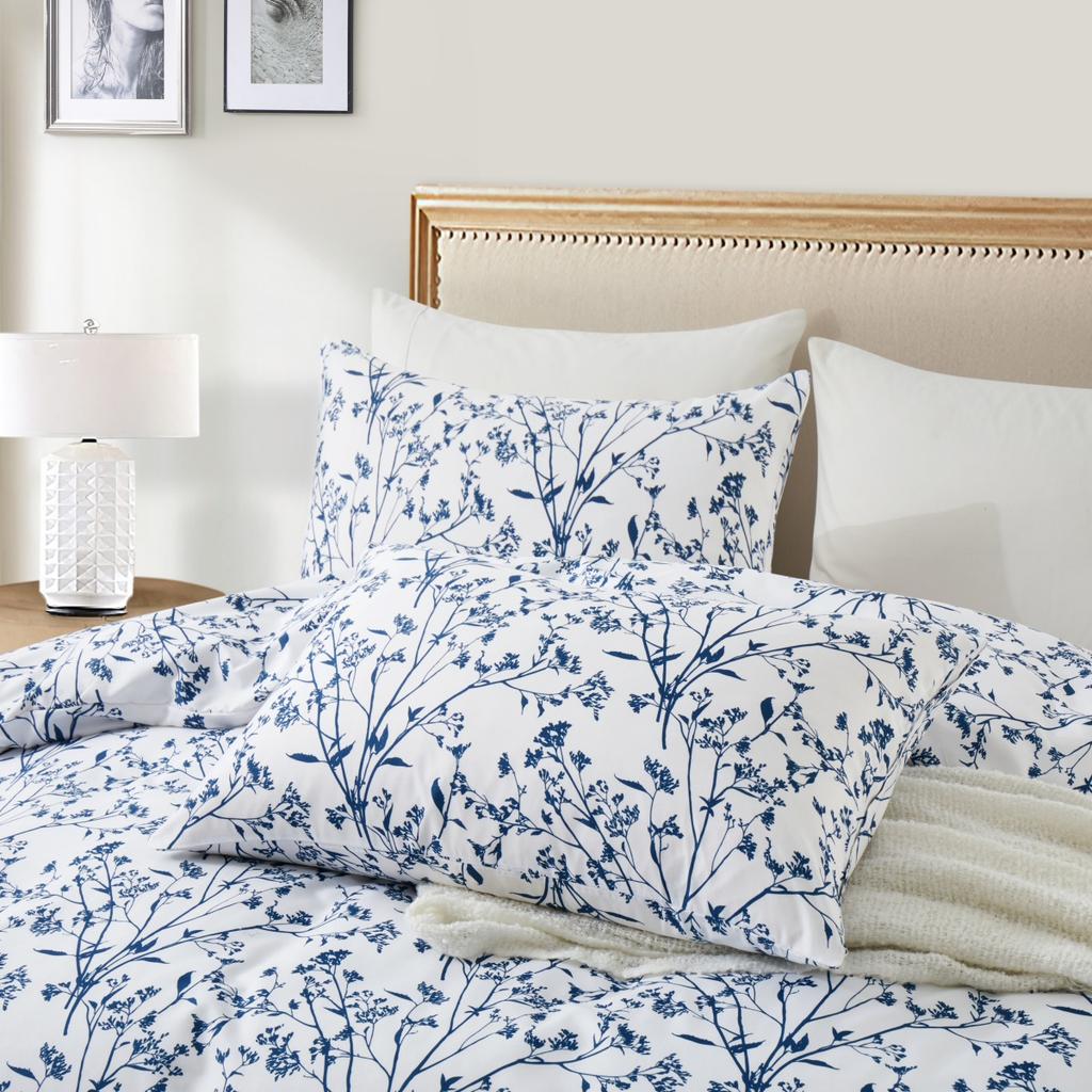 Floral Duvet Cover Set Queen Reversible Blue and White Flower Branches Leaf Print Comforter Cover Vintage Farmhouse Bedding Set