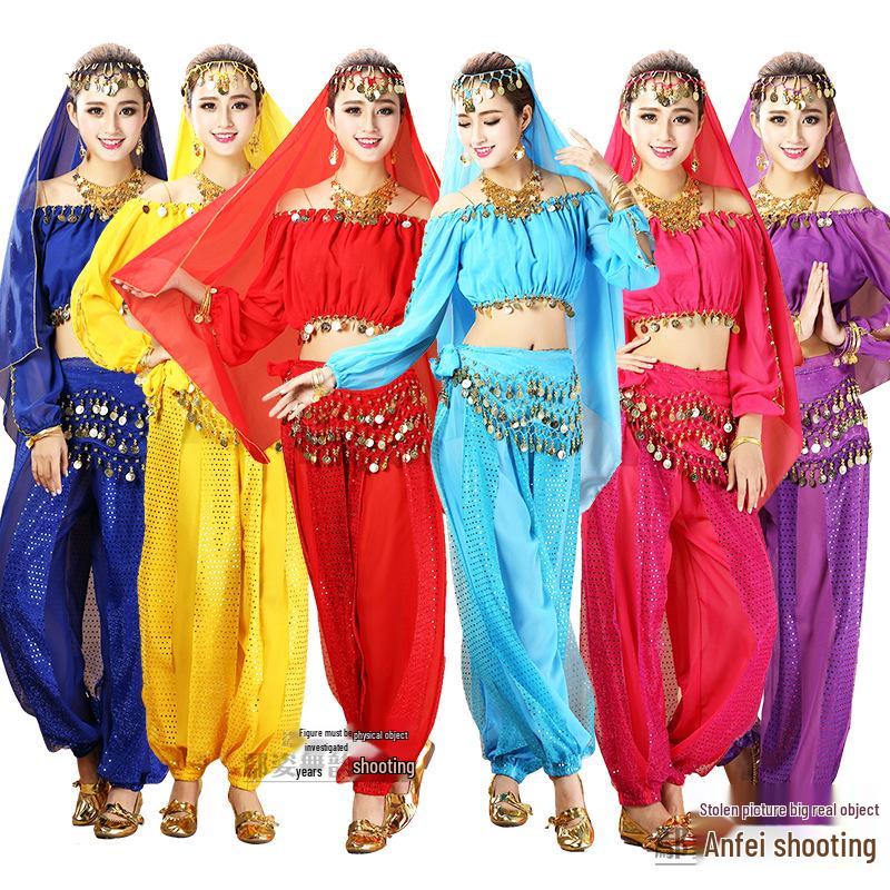 Dámský indický kostým pro břišní tanec s dlouhým rukávem pro vystoupení a praxi