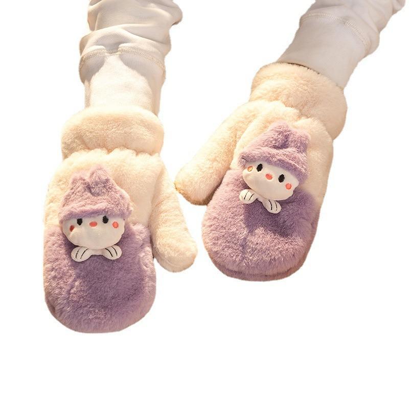 Winter outdoor cold-proof plush thickened warm gloves women's new casual neck cute plush full finger
