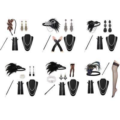 1Set 1920'S Flapper Cosplay Costume Feather Headband Pearl Necklace Bracelet Stockings Long Glove Gatsby Masquerade Accessories