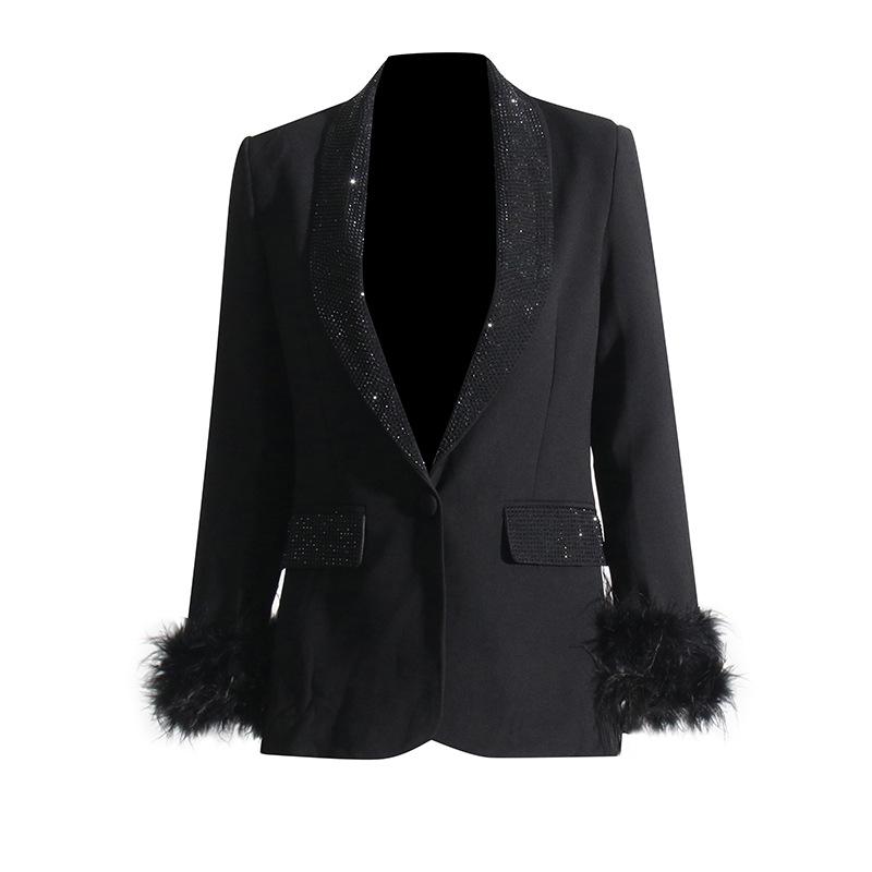 Women's 2025 Korean Style Shawl Collar Jacket with Ostrich Feather Spliced Design