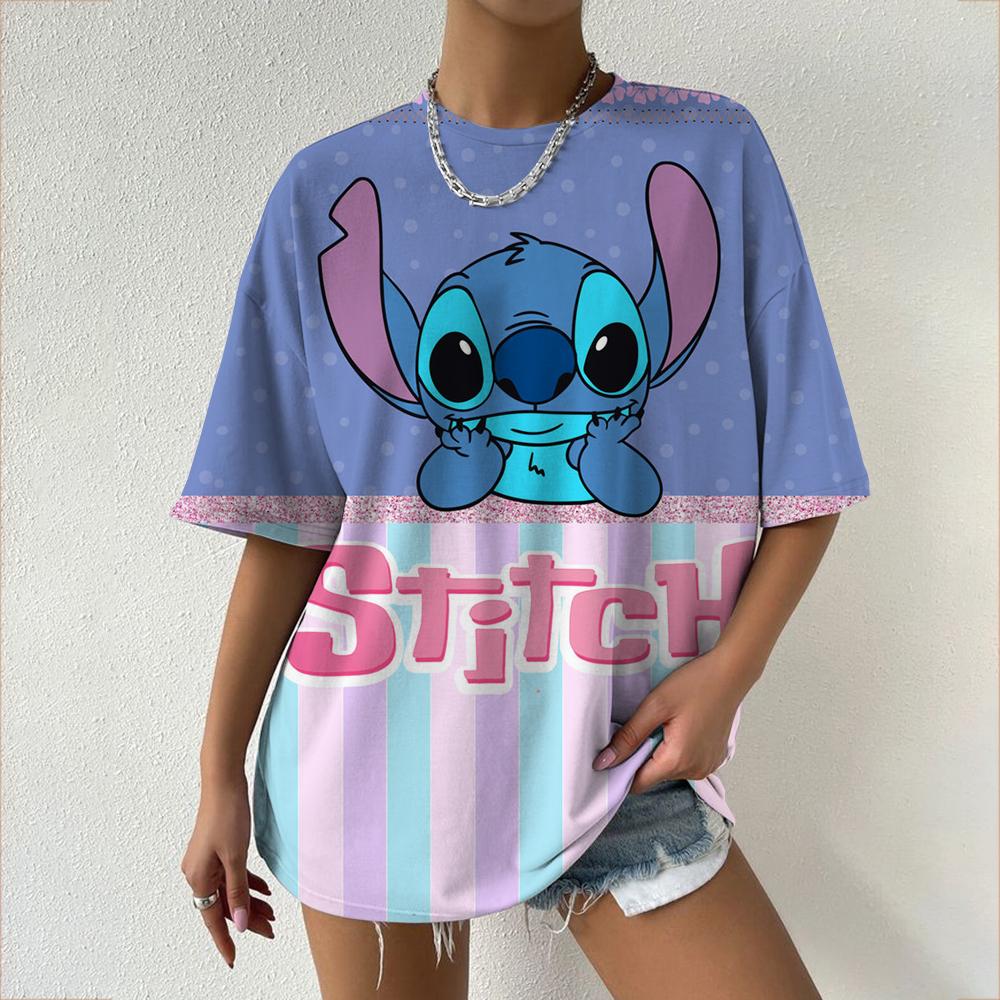 Kawaii Women's T-shirt Disney Lilo&Stitch Casual Y2k T-shirt Round Neck Short Sleeved T-shirt 2025 Summer Women's Clothing