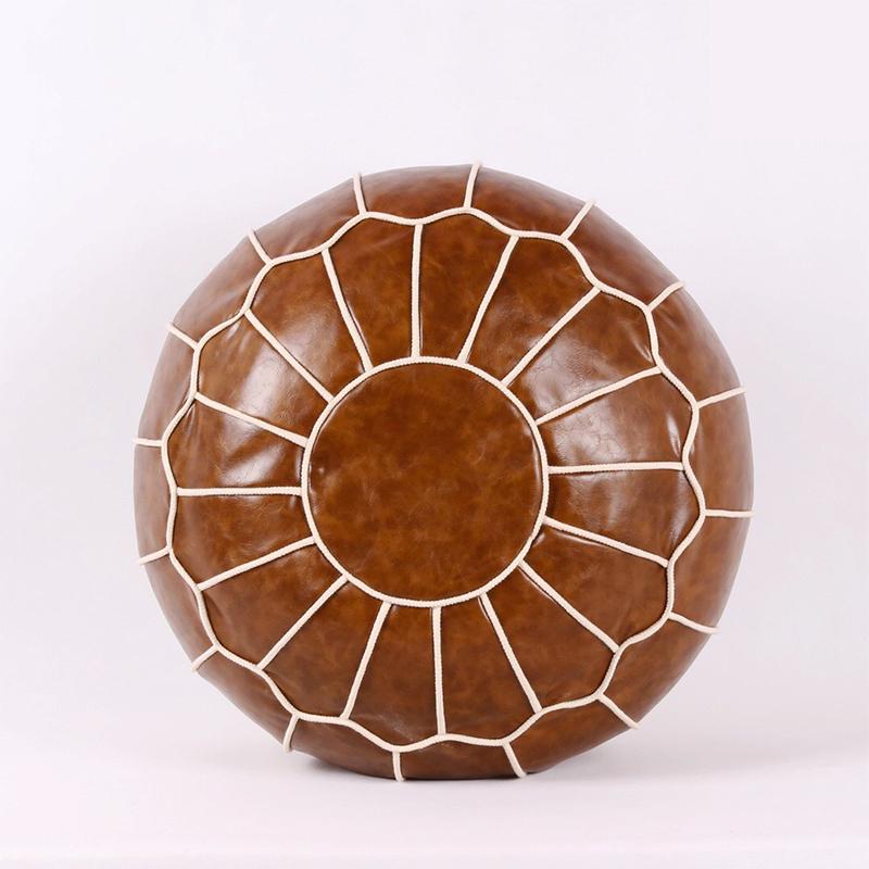 Moroccan PU Leather Pouf Embroider Craft Ottoman Home Modern Footstool Round 55*35cm Artificial Leather Unstuffed Cushion