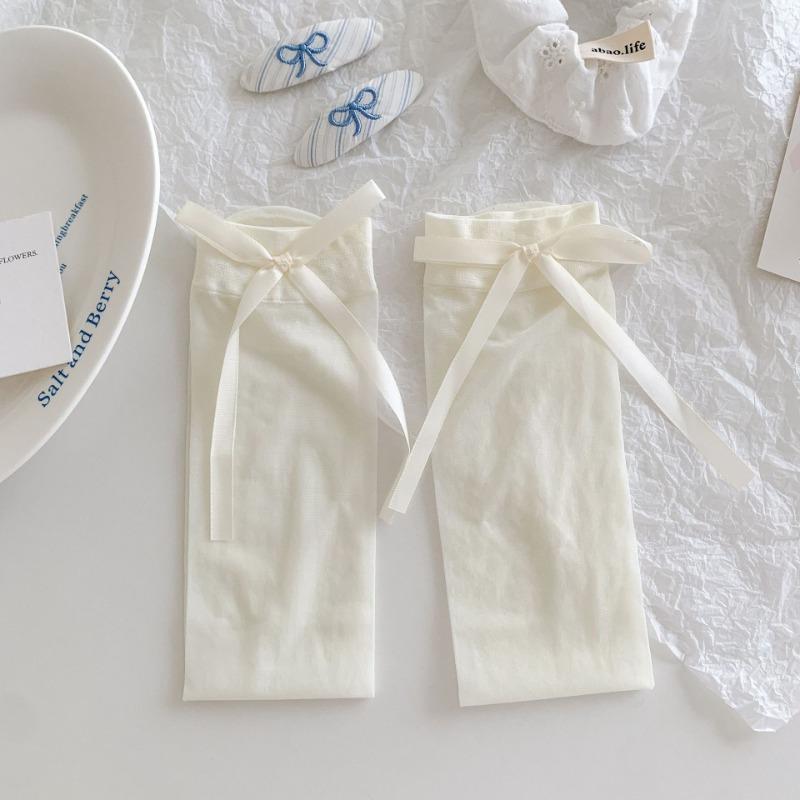 

Female Summer Thin Model Breathable Ballet Wind Bow Cream White Transparent Calf Socks 1 pair