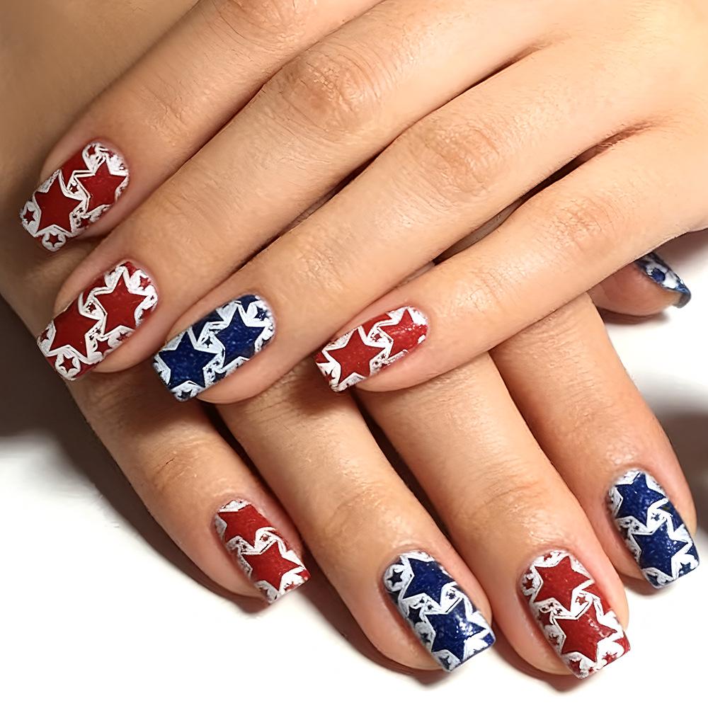 Fourth of July Glitter Nail Art Set: 24 Pieces of Short Glossy Pink & Blue Star False Nails