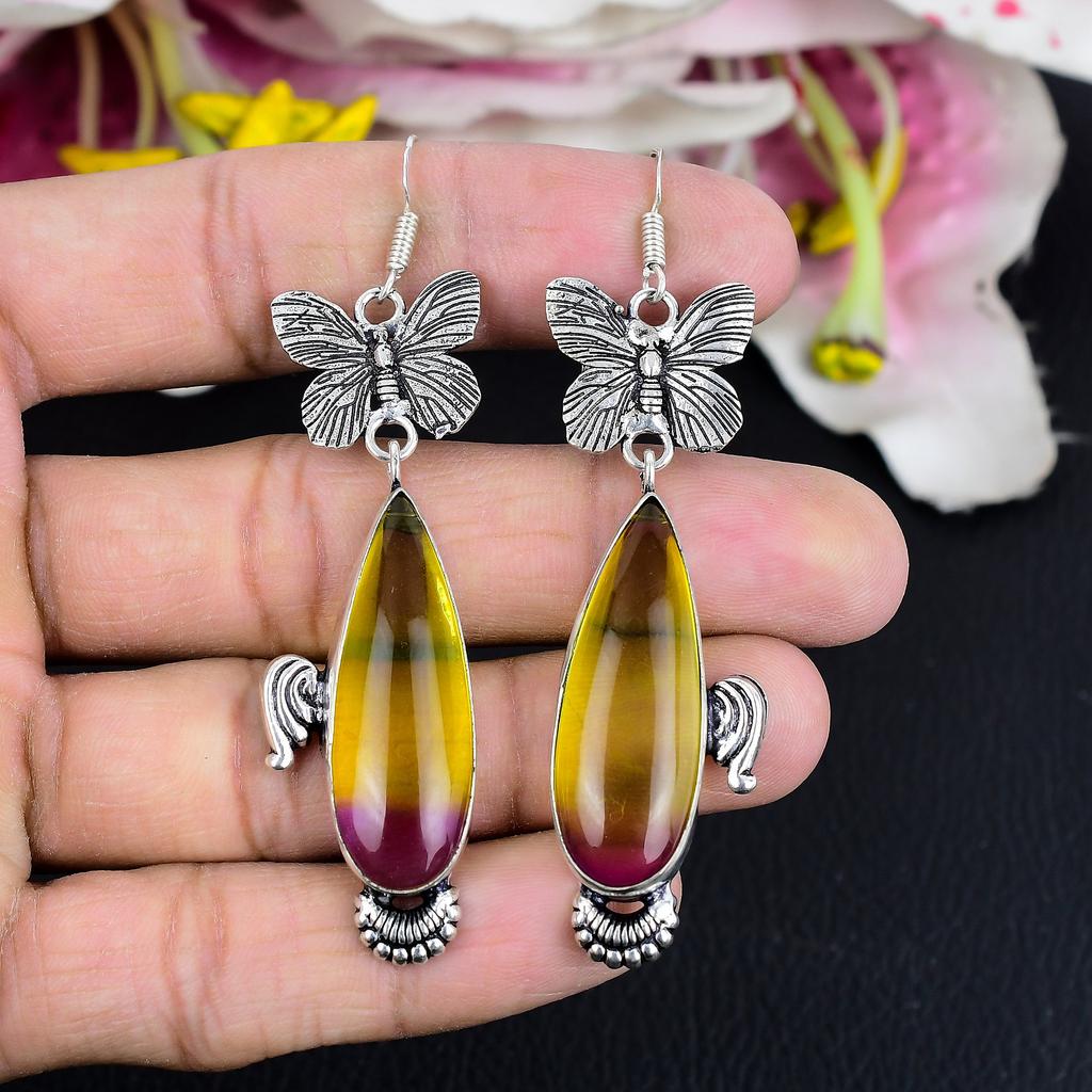 Bi-Color Tourmaline Gemstone 925 Sterling Silver Jewelry Earring 3.15" KG-1774