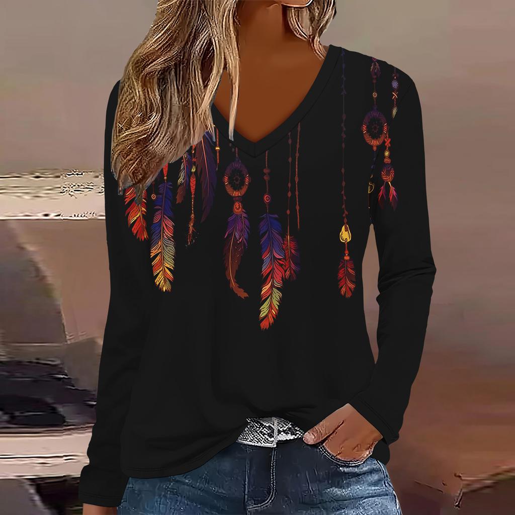 Europäische und amerikanische Mode  Elegantes Damen-T-Shirt mit V-Ausschnitt und langen Ärmeln