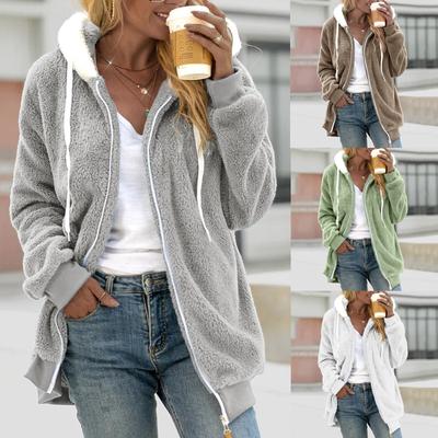 Oversized Jacket Women Autumn Winter Long Sleeve Solid Color Tops Zipper Fluff Hooded Warm Coat Thicken Drawstring Jackets