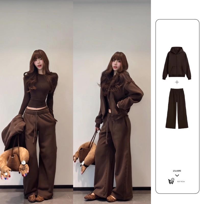 Womens Brown 3-Piece Casual Set: Oversized Hoodie Long Sleeve Top Straight Leg Pants Korean Style Loose Fit Cotton Blend All