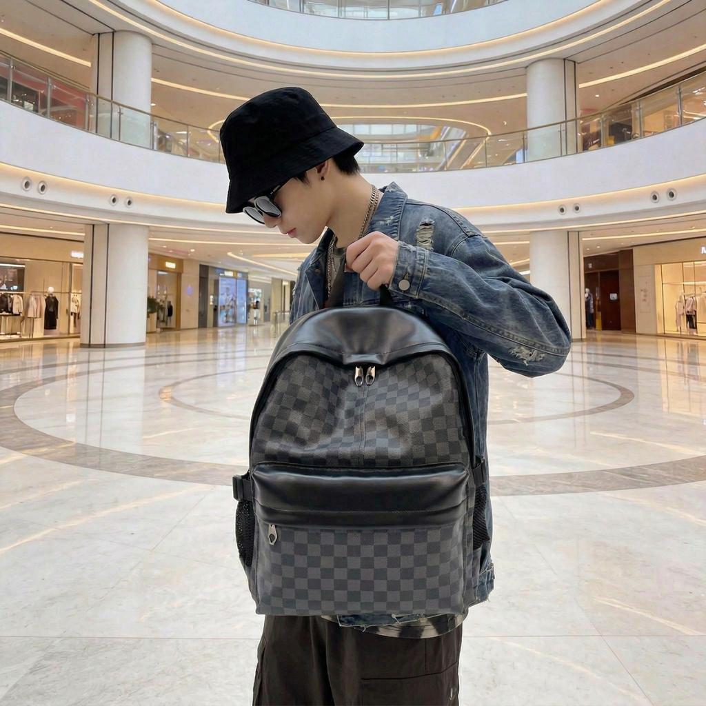 Schoolbag Chessboard Plaid Backpack Men's Backpack Commuter Waterproof Lightweight Travel Bag Men's Trendy College Student School Bag Women's