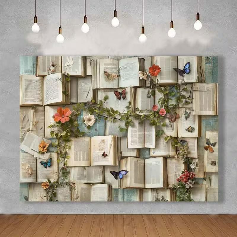 2D Printed Backdrop with Old Books, Vines, Flowers and Colorful Butterflies