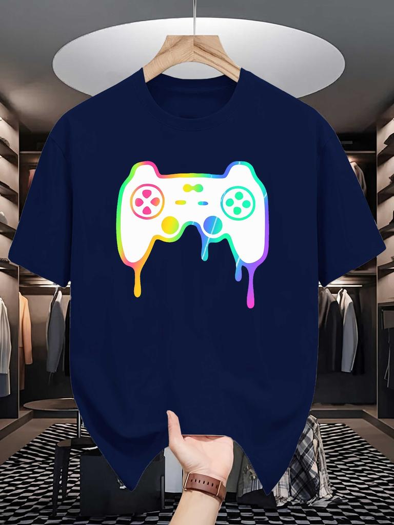 Unisex Crew Neck Tee Colorful Dripping Game Controller Graphic Print Soft Cotton Loose Breathable Short Sleeve Summer Casual Tops