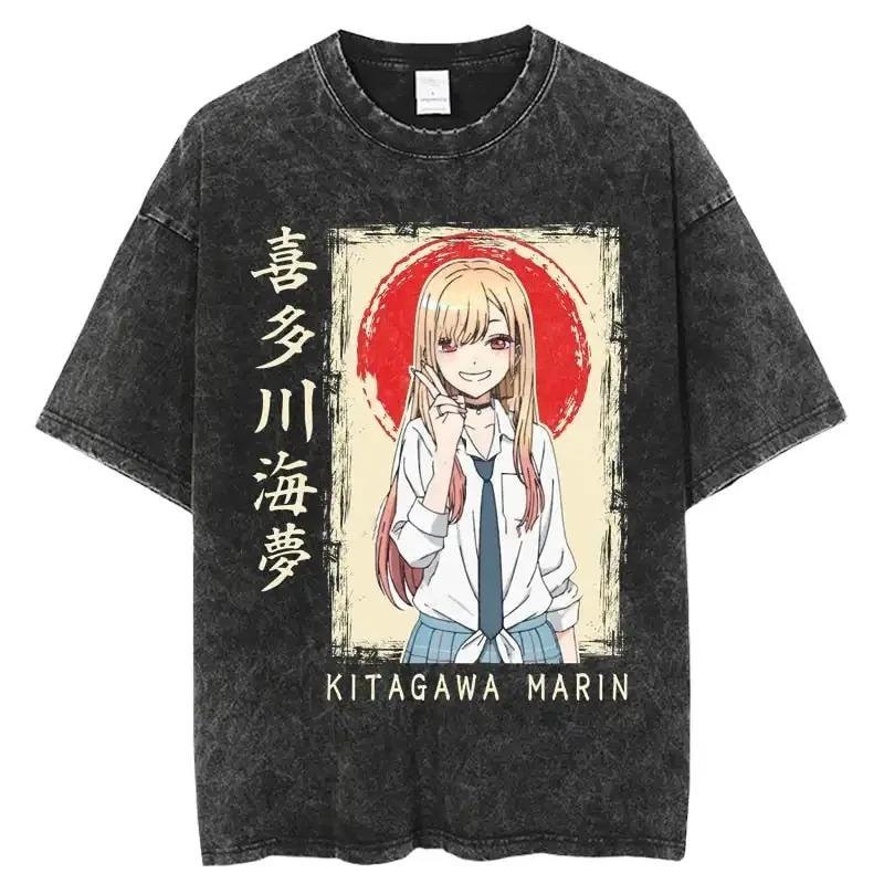 Můj šatní miláček Marin Kitagawa Čertovské Cosplay Vintage Kyselý Wash Oboustranné Grafické Oversized Černé Tričko | Anime Fan Streetwear Merch Tričko
