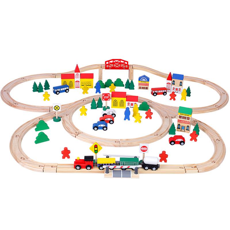 Children's Wooden Train Track Building Blocks Set